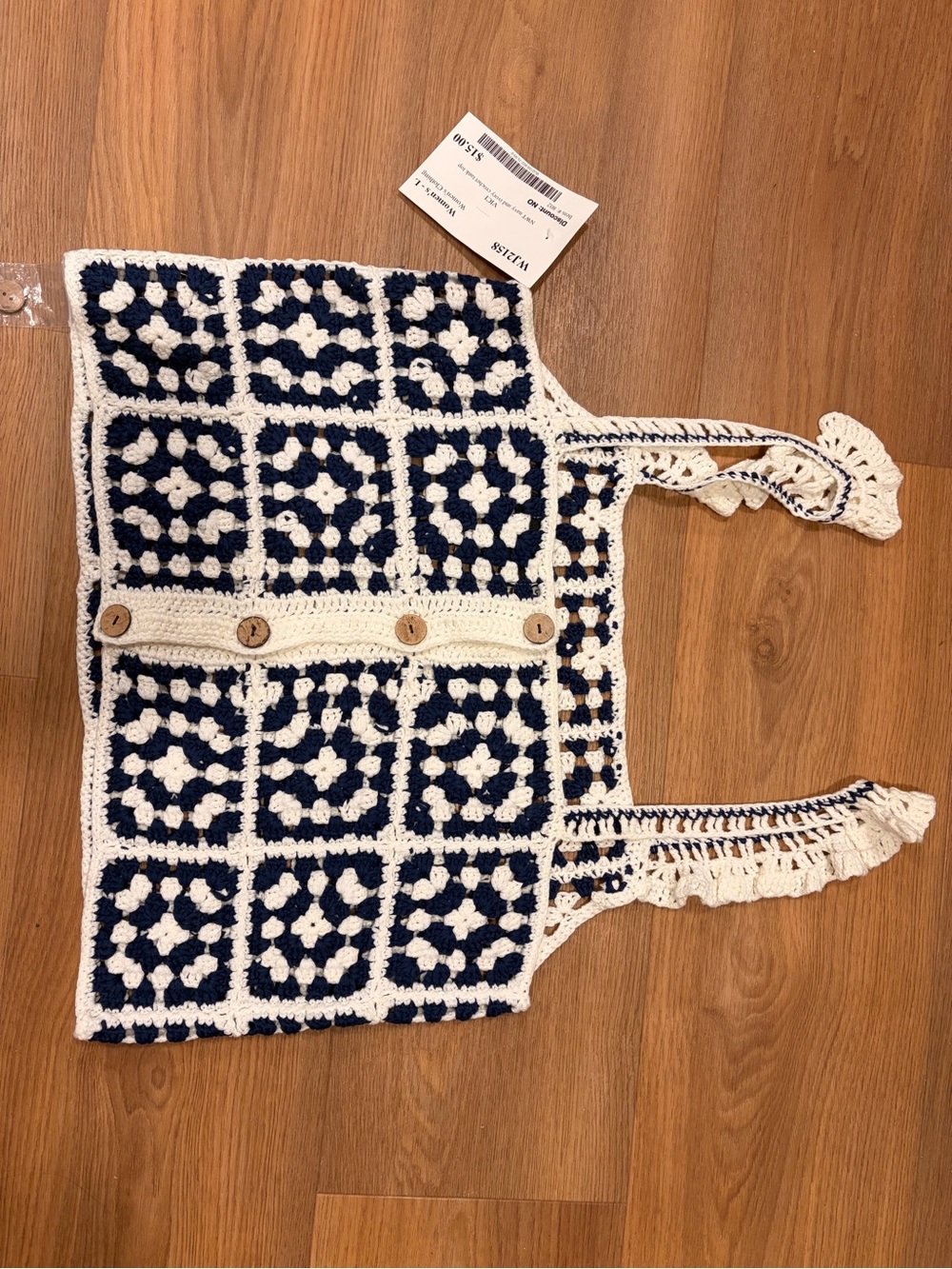 Vici Navy and Cream Crochet Button-Front Tank